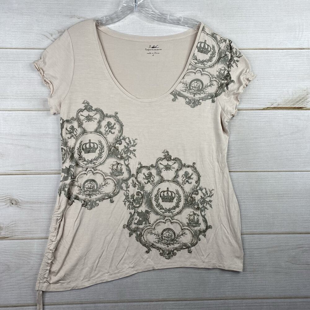 Tape Measure T Shirt Women XL Cream Beaded Queen Crown Vintage Y2K Retro Cinched